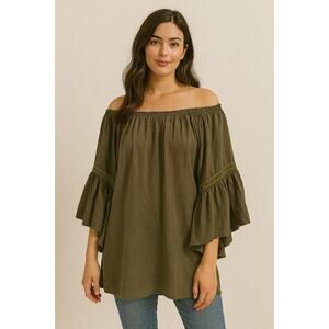 Elan Flowy Flare Sleeve Off Shoulder Blouse Olive Green One Size L/XL Boho Fall